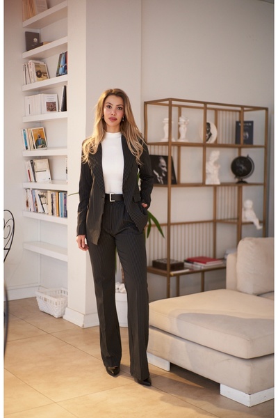 Rabia Çelik Kadın Antrasit Çizgili Yüksek Bel Pantolon Tek Düğmeli Blazer Ceket 2Li Takım Elbise