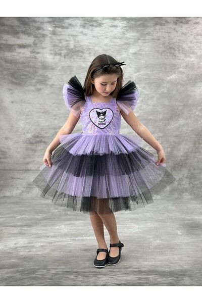 pistyle Rochie de eveniment lungă din tul tricotat cu inimă strălucitoare, neagră, mov, model Kuromi pentru fete