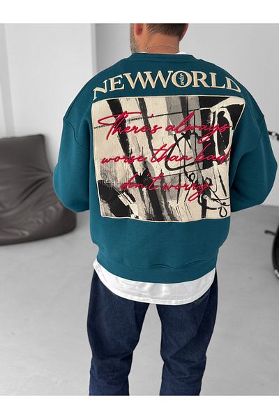BYBASICMAN Petrol Blue New World Back Patch Sweat Jj-228