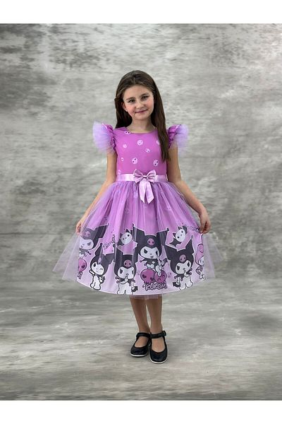 pistyle Rochie roz pentru fete cu model Kuromi, cu fundă în talie și umeri cu volane