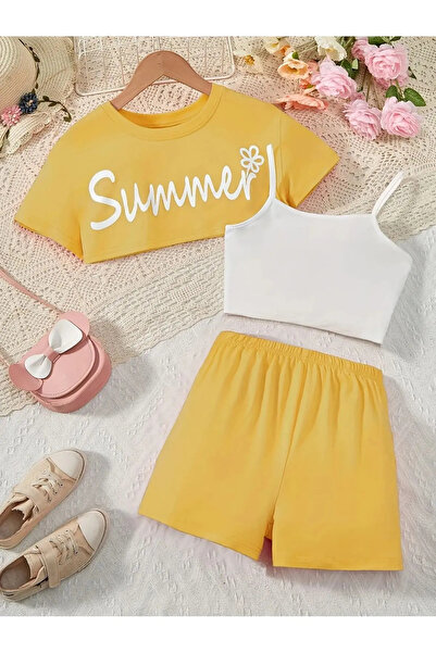 MANCY Tricou Crop cu imprimeu de vară pentru fete - Set pantaloni scurți