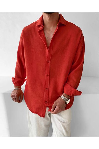 NO1 KONSEPT Red Linen Long Sleeve Oversize Shirt