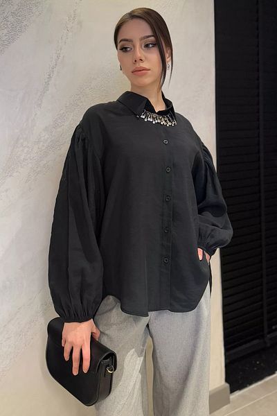 GÜLSELİ Cămașă casual de damă cu detaliu de pile negre