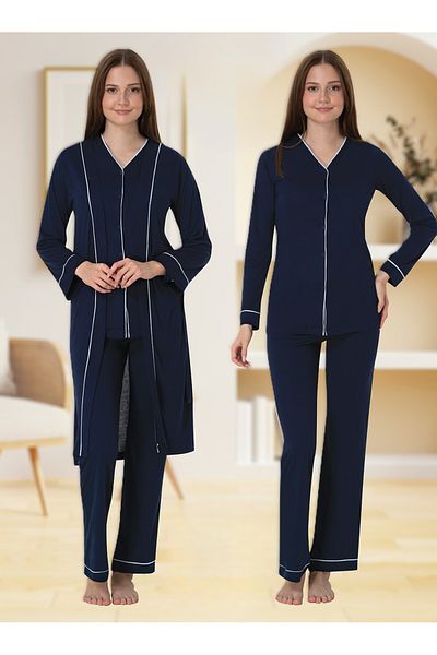 Pelin Women's Navy Blue Front Buttoned Ribbed Maternity Pregnant Dressing Gown 3-Piece Pajama Set