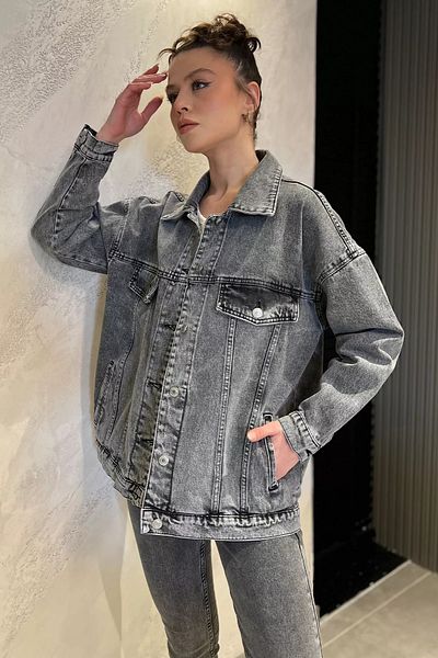 GÜLSELİ Anthracite Women's Oversize Jean Denim Jacket