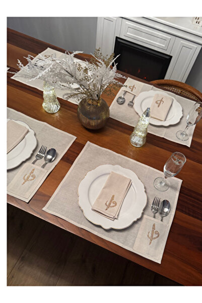 Menar Tasarım Dinner Presentation Set 6-Person American Cutlery Set Fabric Napkin Elif Vav Embroidered Tableware