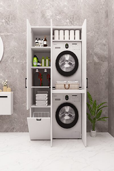 DEMİRBAL MOBİLYA Mdf Çamaşır Makinesi Kurutma Makinesi Dolabı Sepetli Kapaklı