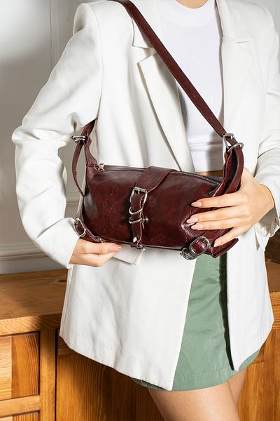 Mojeva Luce Bordo Premium - Vintage δερμάτινη γυναικεία τσάντα χειρός και ώμου, με ρυθμιζόμενη ζώνη