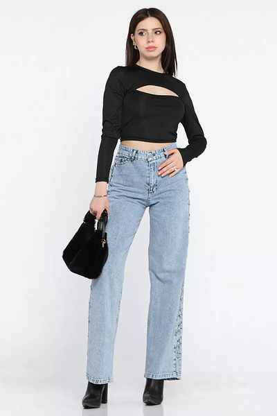 GÜLSELİ Pantaloni de damă din denim cu talie înaltă, cu detaliu de piatră albastră