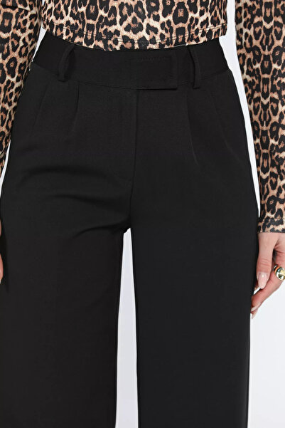 GÜLSELİ Black Waist Velcro Wide Leg Women's Fabric Trousers