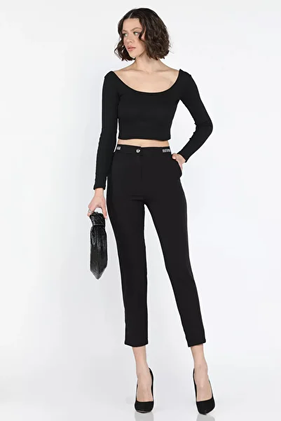 GÜLSELİ Black Women's Fabric Trousers with Elastic Waist
