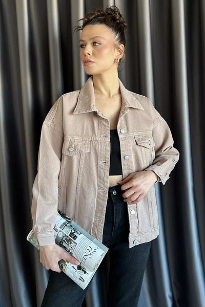 GÜLSELİ Γυναικείο τζιν μπουφάν μπεζ Oversize