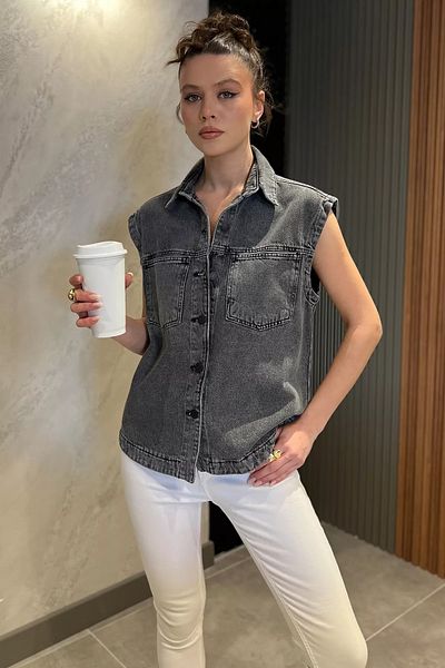 GÜLSELİ سترة جينز نسائية بجيب مزدوج من أنثراسايت