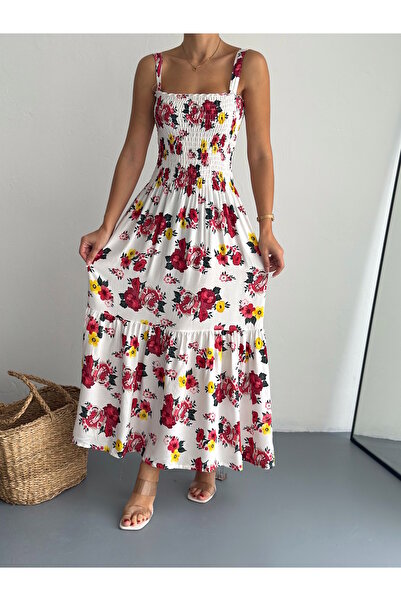 YUSUF CAN KARATAŞ KARATAŞ GİYİM Gimped Λευκό Floral Φόρεμα Δάπεδο Φόρεμα Υφαντό Βισκόζη 125 εκ.