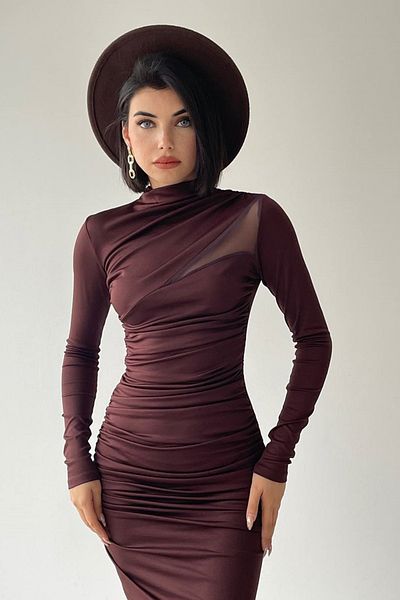 lovebox Stretchy Sandy Fabric Pencil Cutout Tulle and Slit Detail Long Sleeve Midi Length Brown Evening Dress 206