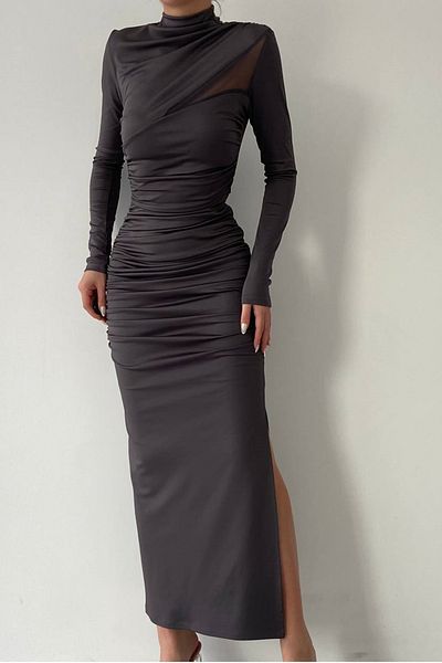 vuvutasarım Stretchy Sandy Fabric Sheer Tulle and Slit Detail Stand Collar Long Sleeve Midi Length Gray Dress 206