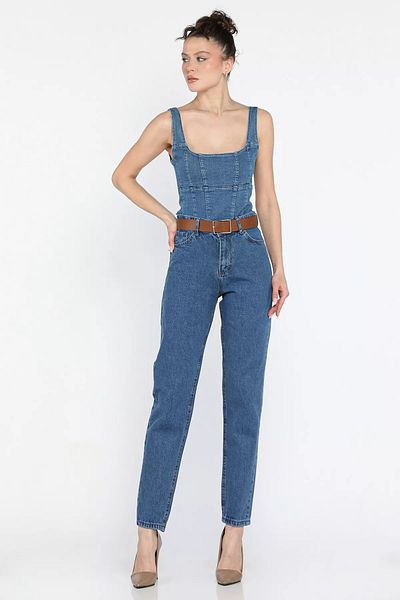 GÜLSELİ Pantaloni de damă albaștri cu blugi Mom Jean cu detaliu curea
