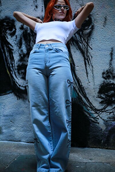Touz Moda Y2k Ribbon Detailed - Wide Leg Washed Jean Trousers