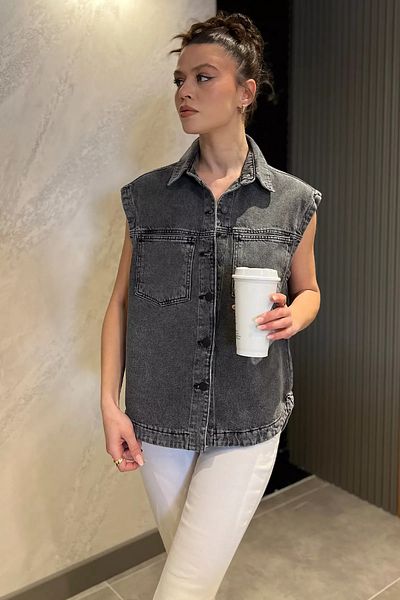 GÜLSELİ سترة جينز نسائية بجيب مزدوج من أنثراسايت