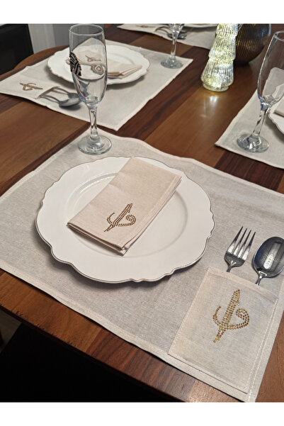 Menar Tasarım Dinner Presentation Set 6-Person American Cutlery Set Fabric Napkin Elif Vav Embroidered Tableware