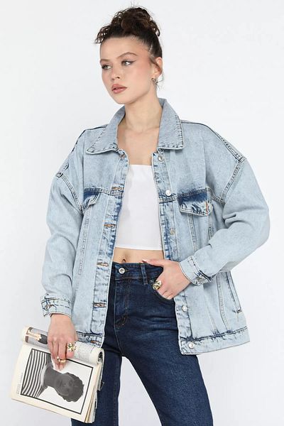 GÜLSELİ Jachetă de blugi oversize pentru femei Ice Blue