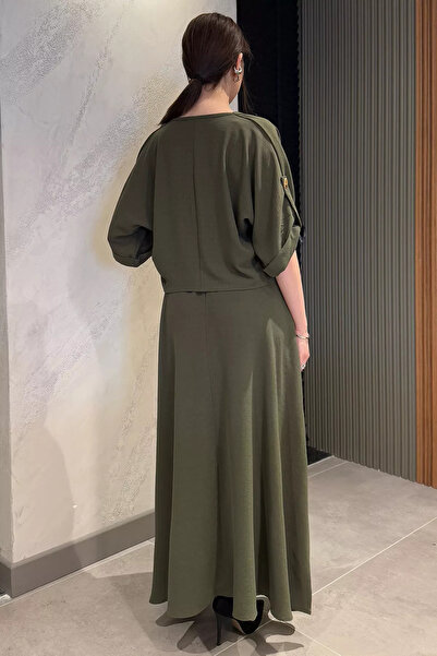 GÜLSELİ Khaki Degaje Collar Sleeve Detailed Women's Blouse Skirt with Pockets Set of Two