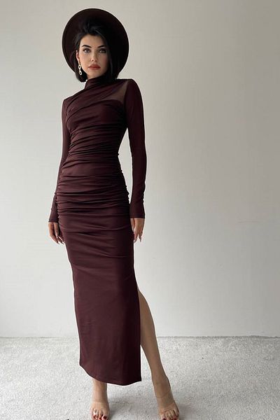lovebox Stretchy Sandy Fabric Pencil Cutout Tulle and Slit Detail Long Sleeve Midi Length Brown Evening Dress 206