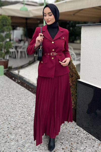 julude Βουργουνδία Γυναικεία Ζώνη Αξεσουάρ Blazer Jacket Φούστα Hijab Διπλό Σετ