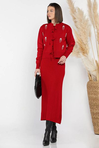 GÜLSELİ Red Women's Pearl and Stone Embroidered Knitwear Dress Cardigan Double Set