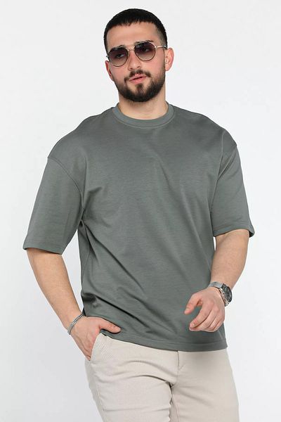 MİSHAR İTALİA Ανδρικό μπλουζάκι με λαιμόκοψη χακί Basic Oversize