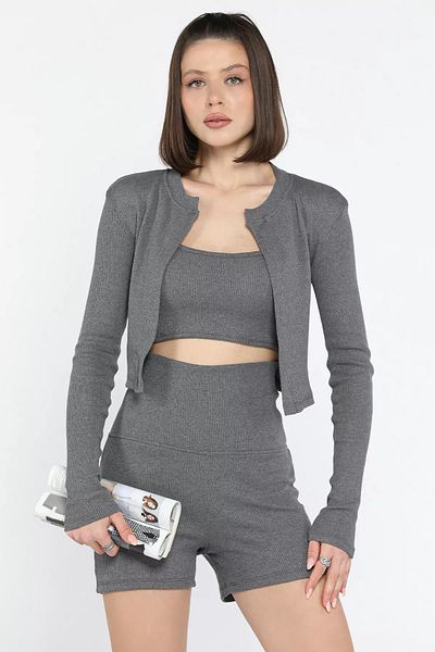 GÜLSELİ Smoked Women's Camisole Crop Cardigan Shorts Three Piece Set