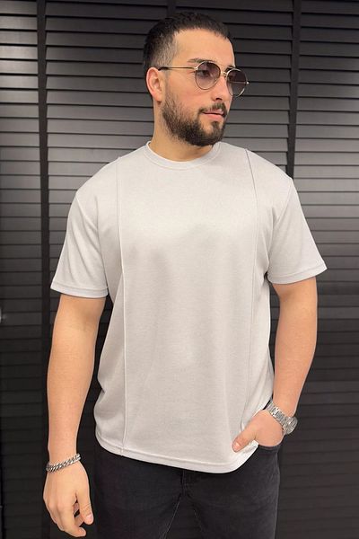 MİSHAR İTALİA Ανδρικό μπλουζάκι από Lycra με λεπτομέρεια με ραφές με λαιμόκοψη σε ανοιχτό γκρι