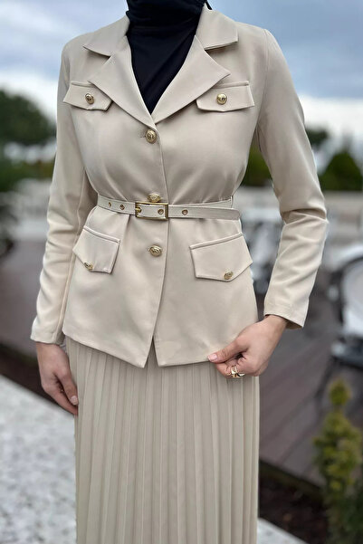 julude Beige Women's Belt Accessory Blazer Jacket Skirt Hijab Double Set