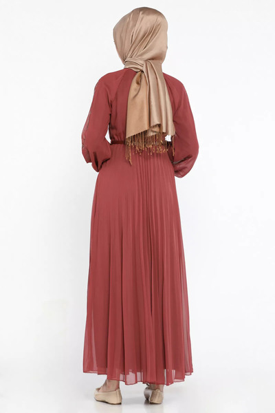 julude Dried Rose Front Tie Stone Detailed Belted Hijab Chiffon Dress