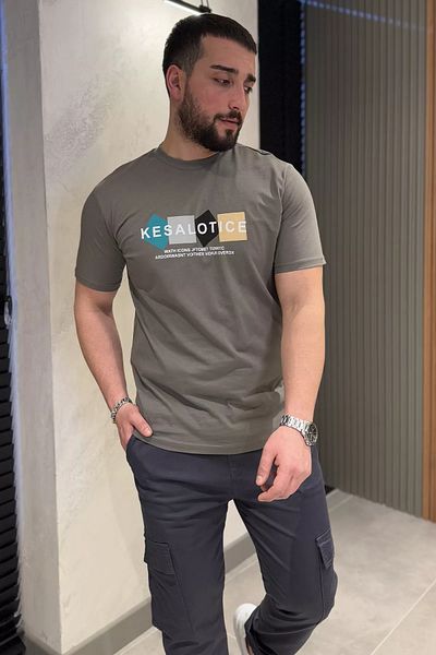 MİSHAR İTALİA Ανδρικό μπλουζάκι με στάμπα με λαιμόκοψη Mink