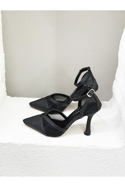 NUR KARACA 25Y8393 Tul Detaliat Jumătate Deschis Beylik D Levinli 8cm Toc Stiletto Pantofi Femei