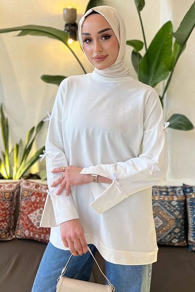 julude White Women's Crew Neck Bow and Stone Detailed Hijab Tunic