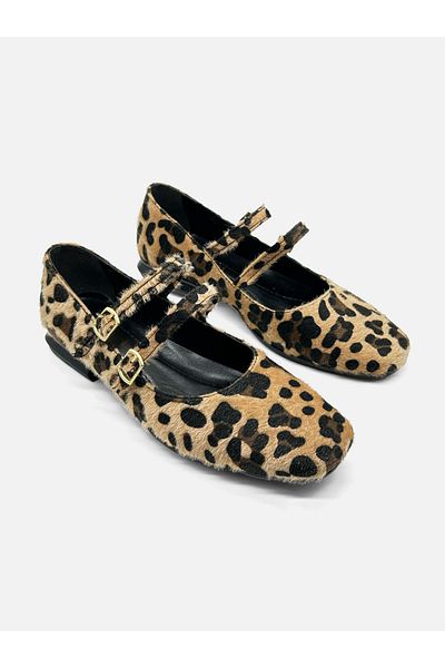 MAGGIO Balerini confortabili cu model leopard - Pantofi Mary Jane pentru damă cu dungi duble