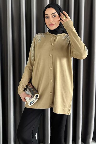 julude Cardigan tricotat hijab cu nasturi brodat cu piatră bej