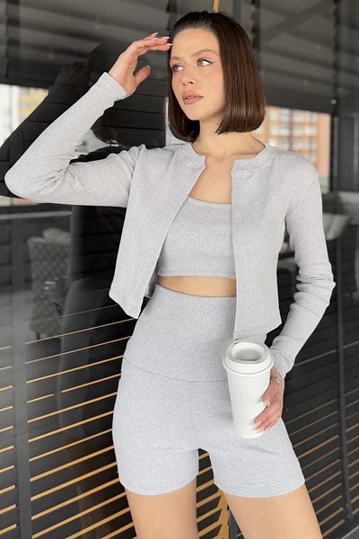 GÜLSELİ Gray Women's Camisole Crop Cardigan Shorts Three Piece Set