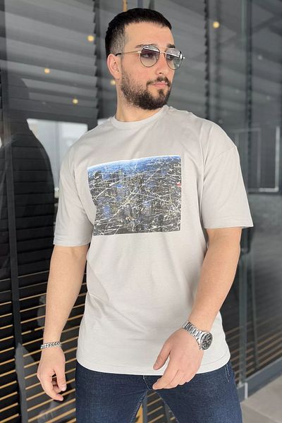 MİSHAR İTALİA Γκρι ανδρικό μπλουζάκι με στάμπα με λαιμόκοψη