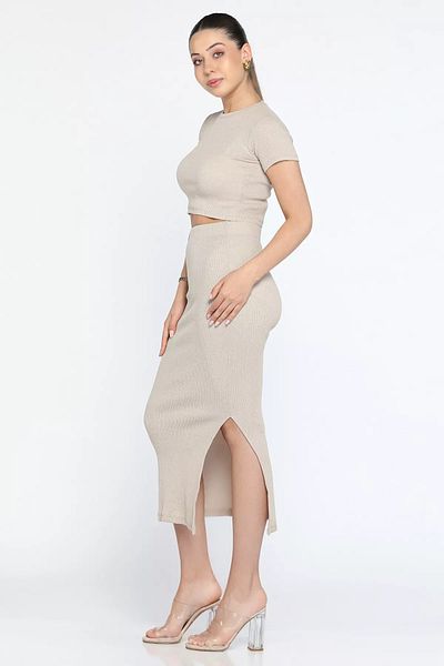 GÜLSELİ Beige Crew Neck Midi Length Lycra Slit Camisole Women's Double Suit