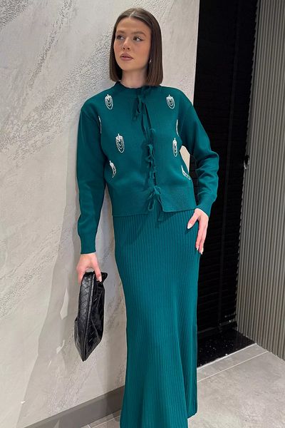 GÜLSELİ Emerald Green Women's Pearl and Stone Embroidered Knitwear Dress Cardigan Double Set