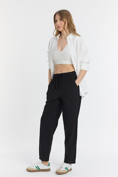 COMBİNE MİCHAİL Linen Blended Loose Fitting Black Trousers