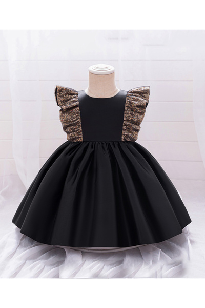 Mark & Mia فستان مارك آند ميا مزين بالترتر مع تفاصيل فيونكة وأكمام مكشكشة - أسود