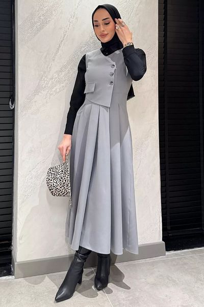 julude Γκρι γυναικείο φόρεμα με κουμπιά με πλισέ Hijab Gilet