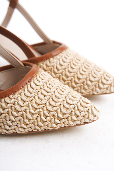 Shoesers Kadın Özel Hasır Tasarım Taba Detaylı İnce Alçak Topuklu Günlük Ayakkabı