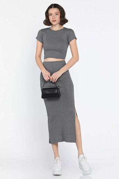 GÜLSELİ Smoked Crew Neck Midi Length Lycra Slit Camisole Women's Double Suit