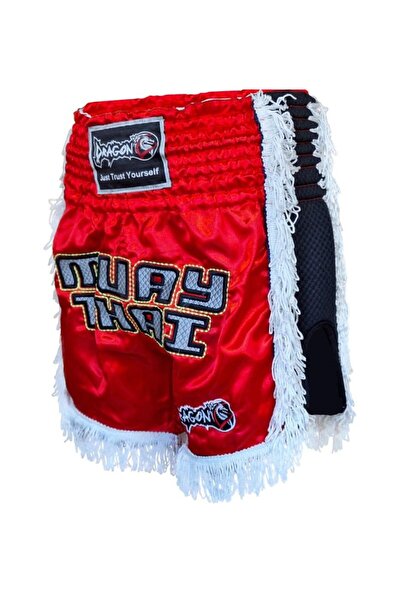 Dragondo MT3020 Apache Muaythai Şortu Kırmızı Püsküllü Şort Nakışlı Muay Thai Şortu
