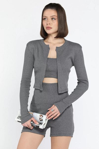 GÜLSELİ Smoked Women's Camisole Crop Cardigan Shorts Three Piece Set